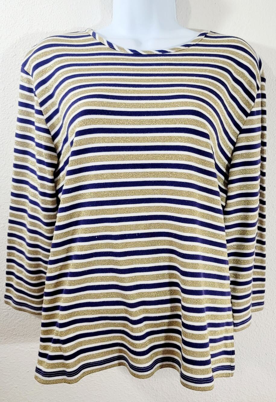 Draper's & Damon's Blue Gold Striped 3/4 Sleeves Top Large Lightweight Soft